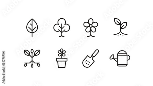 Simple line icons of plants and gardening tools.
