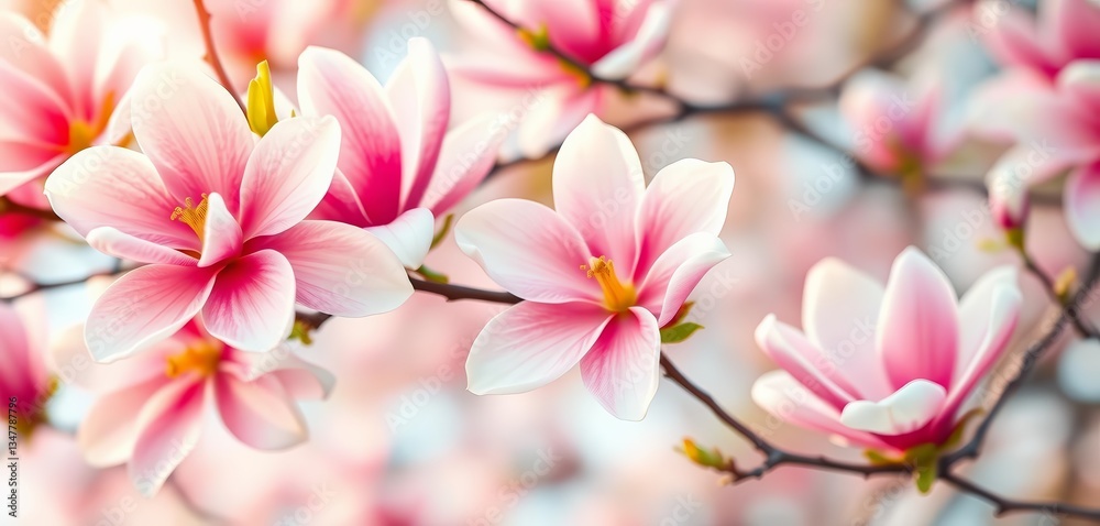 Obraz premium Soft-focus polaroid of vibrant magnolia blossoms, spring blooms, spring, tree