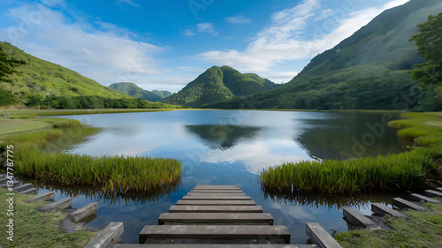 Serene mountain lake wooden dock tranquil landscape