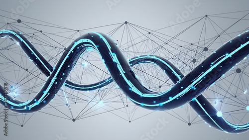 Abstract DNA helix, interconnected network, futuristic design.
