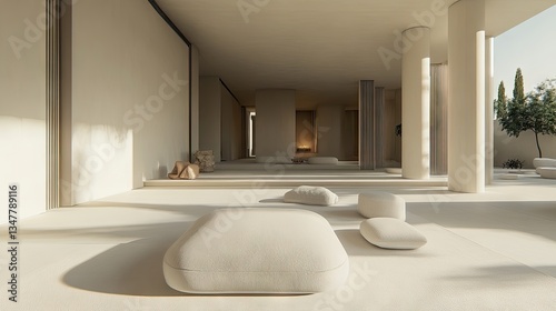 A clean and modern living area with a simple light grey sofa, soft cushion, and minimalist decor