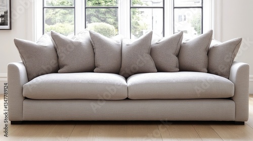 A clean and modern living area with a simple light grey sofa, soft cushion, and minimalist decor