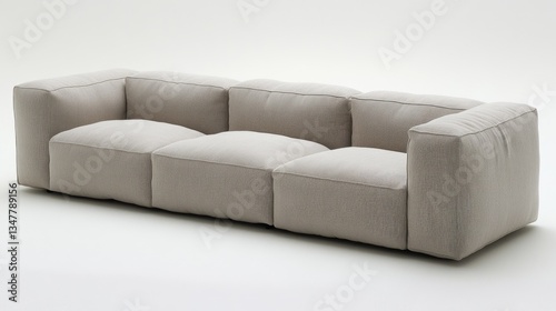 A clean and modern living area with a simple light grey sofa, soft cushion, and minimalist decor