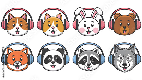 Cute animal faces wearing headphones
