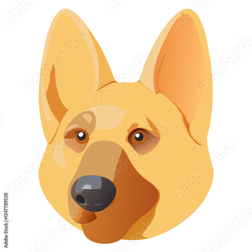close up portrait of a german shepherd dog. The dog has pointy ears and a cute nose, The artwork is a clean graphic with simple lines and bold colors
