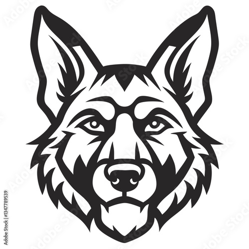 a German Shepherd Dog with a strong, focused gaze, embodying loyalty and strength. The illustration style emphasizes clean lines and bold contrasts, creating a striking image