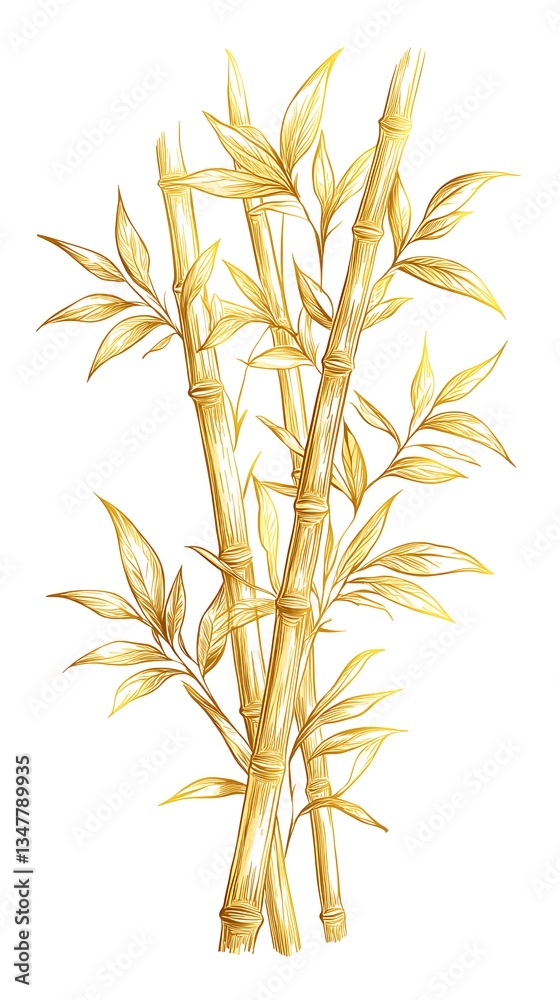 Obraz premium Golden Bamboo Stalks and Lush Leaves Illustration