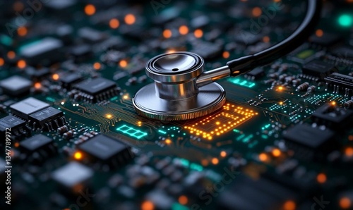 Closeup of Stethoscope on Illuminated Circuit Board