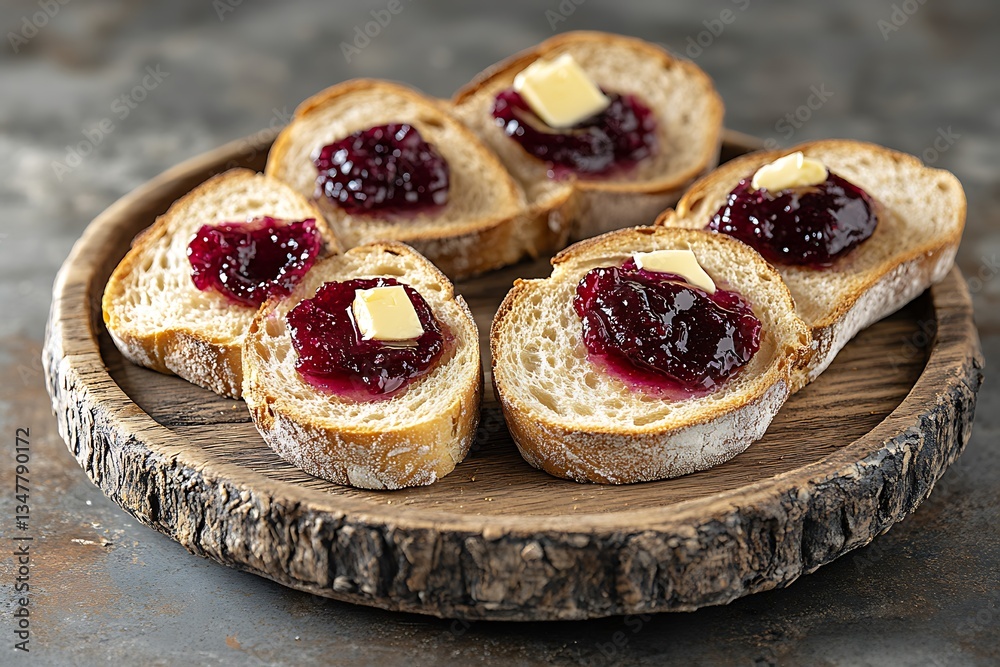 Closeup of Toasted Bread with Berry Jam and Butter on Rustic Wooden Plate Closeup of Toasted Bread with Berry Jam and Butter on Rustic Wooden Plate