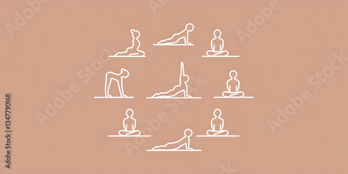 Various yoga poses outlined in white.