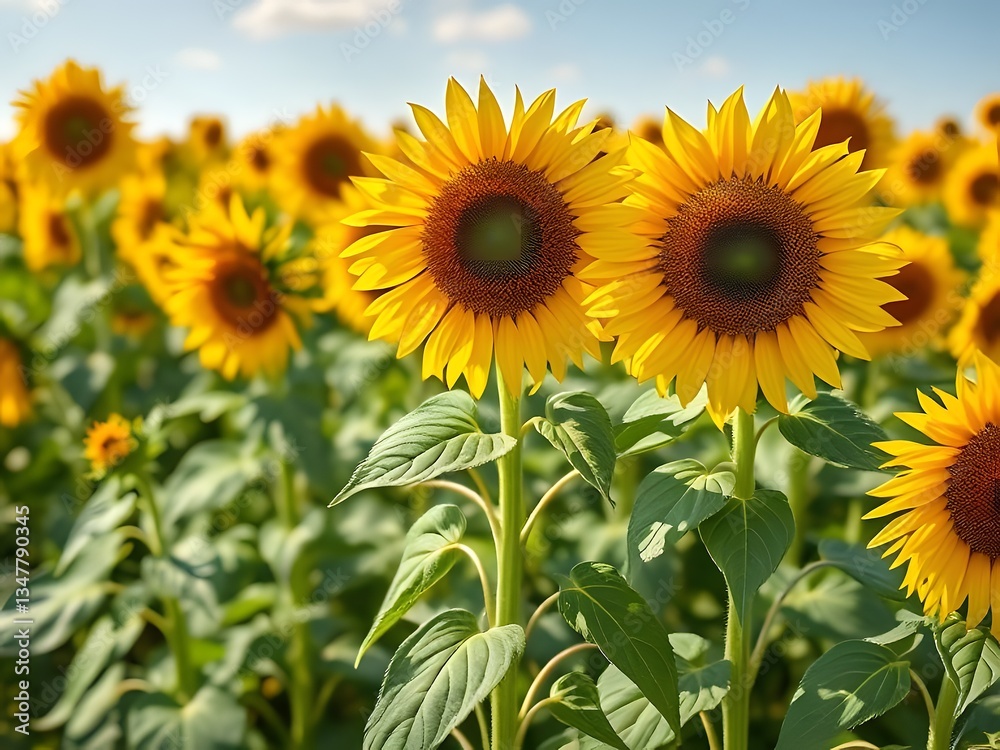 Vibrant Sunflower Field Under Blue Sky, Nature's Beauty Summer Bloom, Yellow Petals, Agricultural Crop, Natural Light. Vibrant Sunflower Field Under Blue Sky, Nature's Beauty Summer Bloom, Yellow Petals, Agricultural Crop, Natural Light.