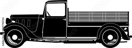 Silhouette of a stake body truck. Side view of a flatbed transport truck. Vector