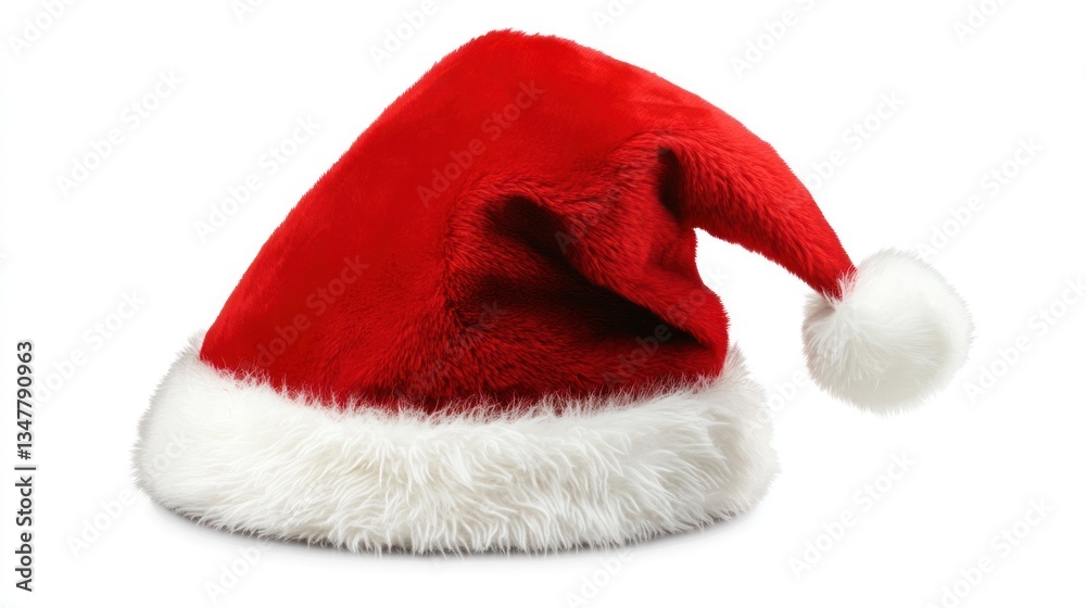 Festive red Santa hat with fluffy white trim on display Festive red Santa hat with fluffy white trim on display