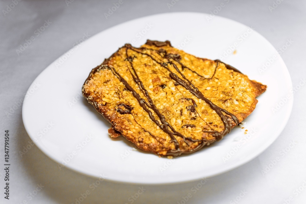 Golden Florentine Cookie with Chocolate Drizzle on White Plate Golden Florentine Cookie with Chocolate Drizzle on White Plate