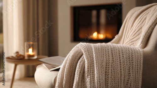 Warm indoor ambiance with soft knit blanket, glowing fireplace, and cozy candle