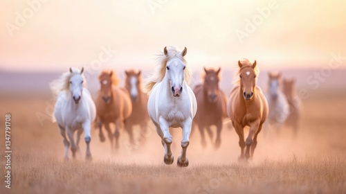 A herd of horses galloping across a field at sunset.  A breathtaking scene of freedom and motion