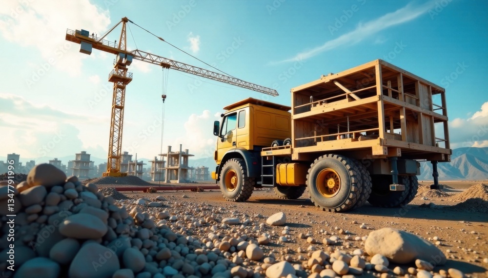 Obraz premium Construction progress with building frames and structures, concrete slabs, excavators