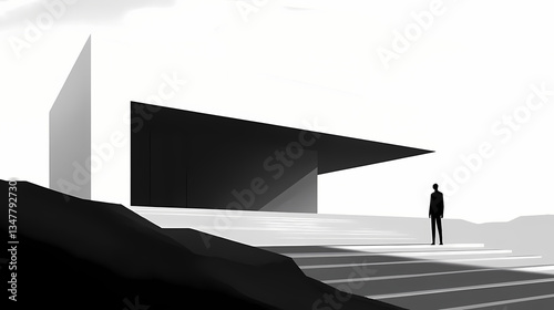 Exploring monolithic architecture coastal location black and white urban landscape ground perspective minimalism. Monolithic Black. Illustration