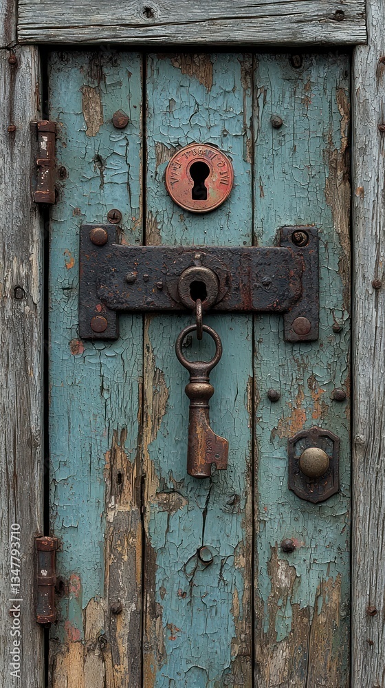 Old, peeling blue door with rusty hardware and key. Old, peeling blue door with rusty hardware and key.
