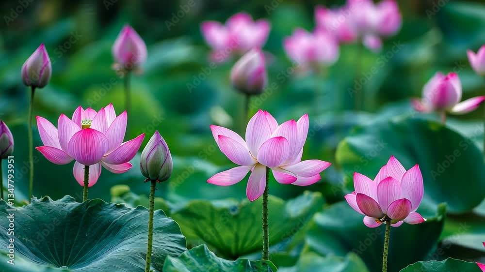Vibrant pink lotus flowers blossom in a serene pond surrounded by green leaves during a sunny afternoon Vibrant pink lotus flowers blossom in a serene pond surrounded by green leaves during a sunny afternoon
