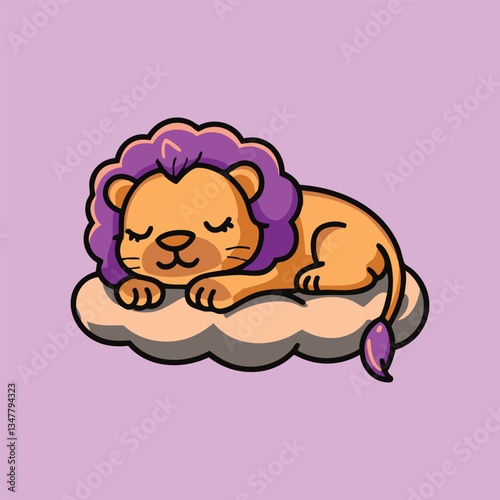 Cartoon lion sleeping on a cloud. It has purple mane and tail, cute eyes. Background is a soft pink