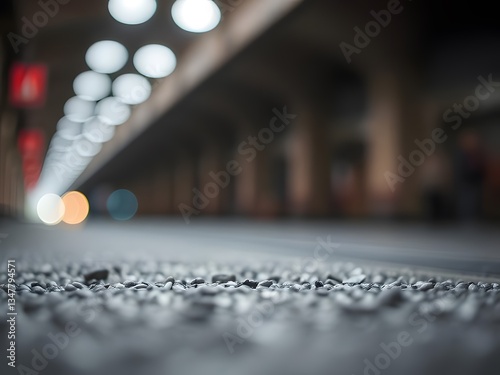 Blurred urban tunnel view perspective ground-level with bokeh lights, architecture interior, infrastructure, concrete ceiling and support columns.