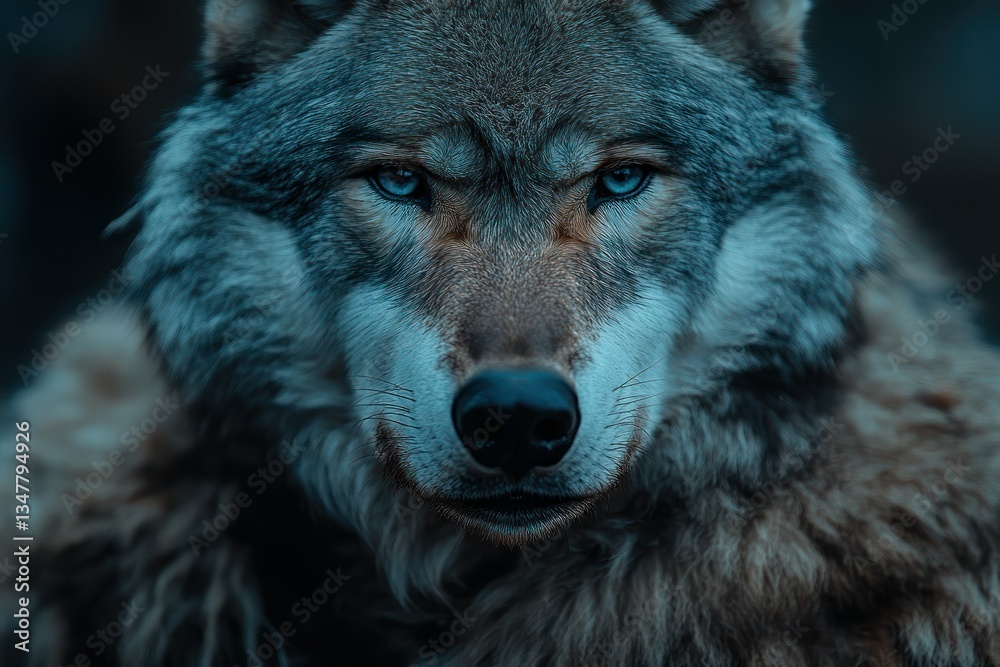 Fototapeta premium Majestic wolf portrait, forest background, intense stare, wildlife photography