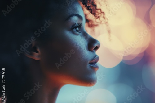 Thoughtful African Woman Silhouette with Glowing Background, Dreamy Expression