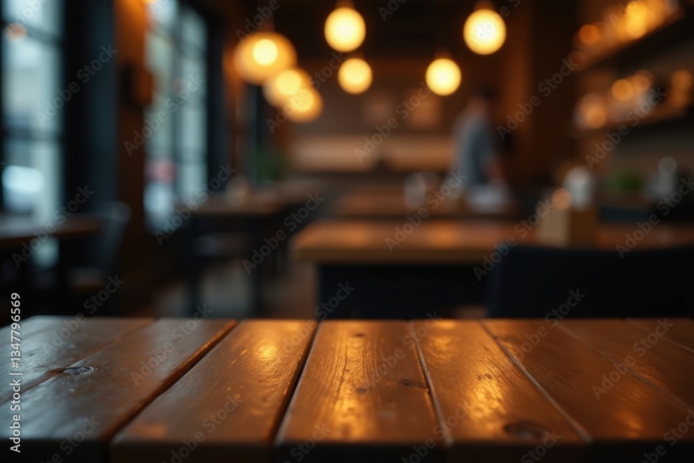 Darkened cafe table set with empty wooden top and blurred golden lighting effects against a dark background, cafe, evening, empty space Darkened cafe table set with empty wooden top and blurred golden lighting effects against a dark background, cafe, evening, empty space