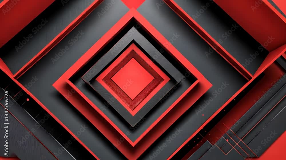 Abstract geometric design, layered shapes of red and dark gray. Intricate, three-dimensional composition Abstract geometric design, layered shapes of red and dark gray. Intricate, three-dimensional composition