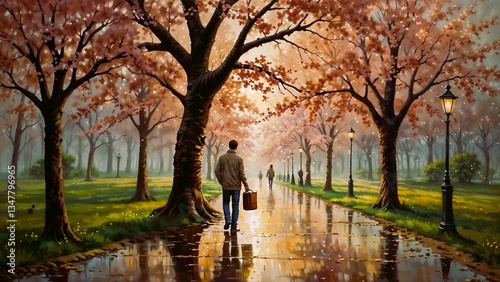 A man walking down a path lined with cherry trees in bloom. The scene is tranquil and depicts a rainy day