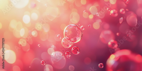 Abstract red background, flying bubbles with bokeh effect