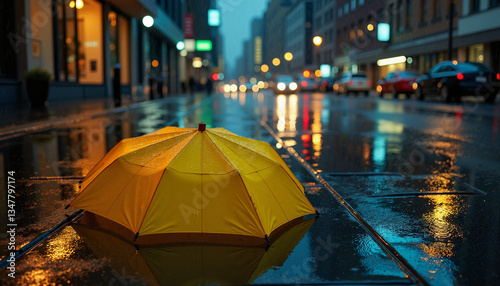 Yellow umbrella on city street during rainy night, Umbrella in rain, Spring rain