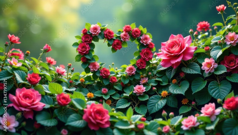 Fototapeta premium Floral wave with intertwined hearts amidst greenery, flowers, love