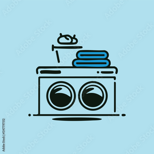 Line-art image of a washing machine with a bowl and towels on top, blue backdrop