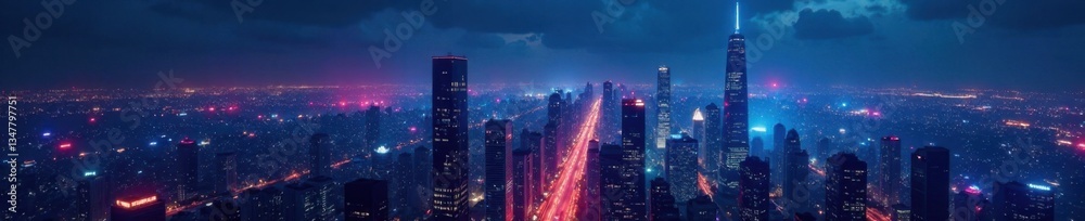 Fototapeta premium Futuristic cityscape at night with sleek skyscrapers and neon lights , city, evening