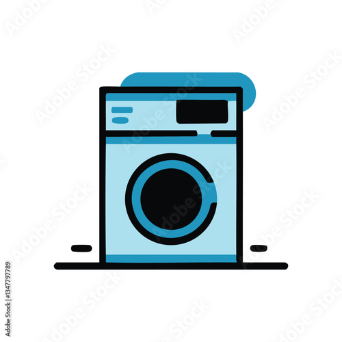 Vector illustration of a washing machine in light blue and black, with simple design and details
