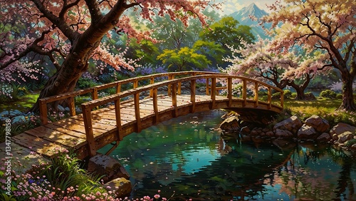 A serene landscape featuring a wooden bridge over a tranquil pond, surrounded by blooming cherry trees and lush greenery.