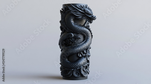 An obsidian pillar sculpted with a sinuous dragon wrapped around its surface, its claws gripping the smooth stone, piercing eyes glowing under soft ambient lighting