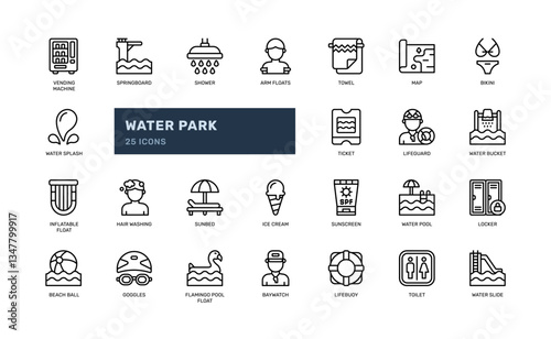 water park summer water pool entertainment outline line icon set