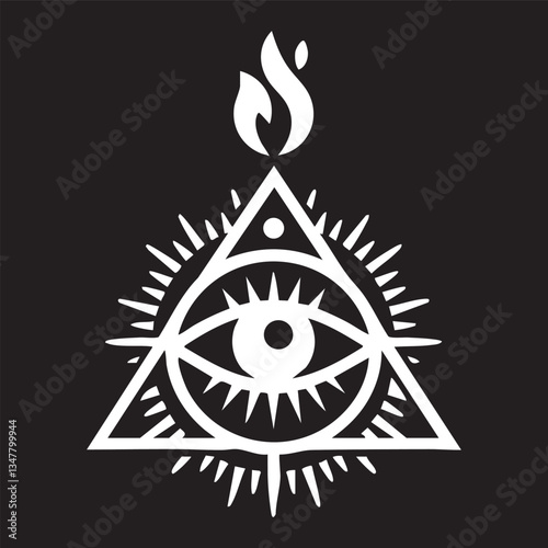 A symbolic all-seeing eye within a triangle with a flame on black background. Occult and enlightenment concept