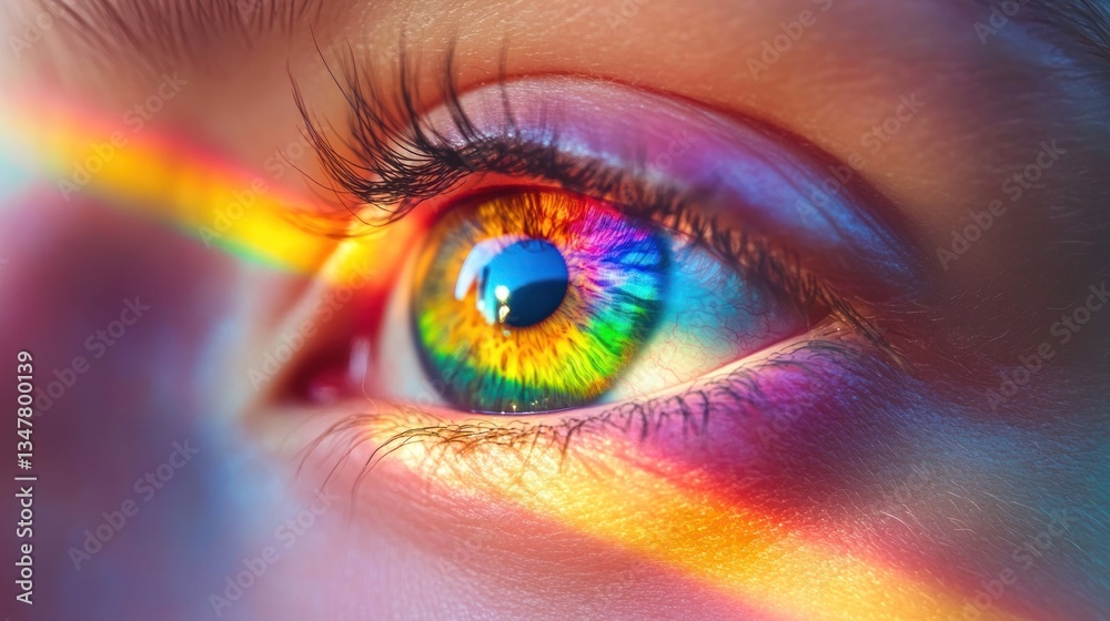 Close-up of a vibrant rainbow eye reflecting light patterns Close-up of a vibrant rainbow eye reflecting light patterns