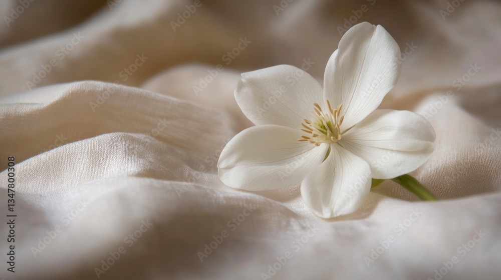 Delicate white flower resting on soft beige fabric background Delicate white flower resting on soft beige fabric background