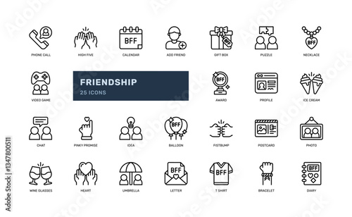 friendship support relationship best friend love connection outline line icon set