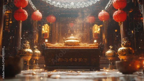 Golden Altar In Ancient Asian Temple With Red Lanterns