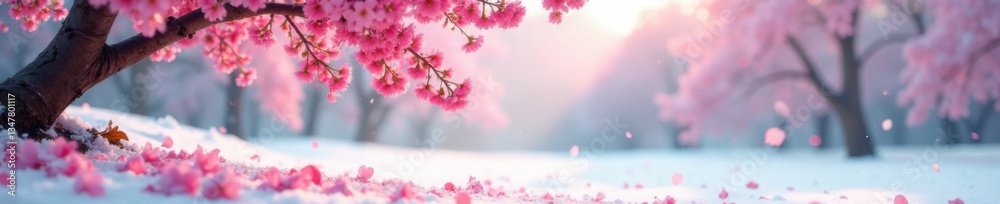 Delicate pink sakura petals swirling in a mesmerizing dance within a peaceful snowy landscape, seasonal, winter Delicate pink sakura petals swirling in a mesmerizing dance within a peaceful snowy landscape, seasonal, winter