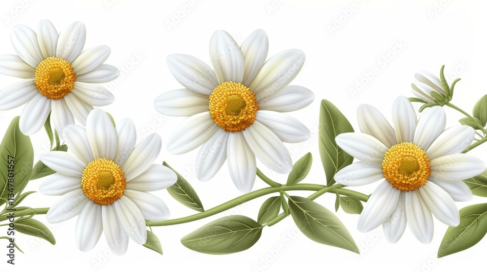Fototapeta premium Fresh watercolor illustration of meadow herbs, showcasing daisies and chamomile, perfect for labels and postcards. Natures beauty captured.