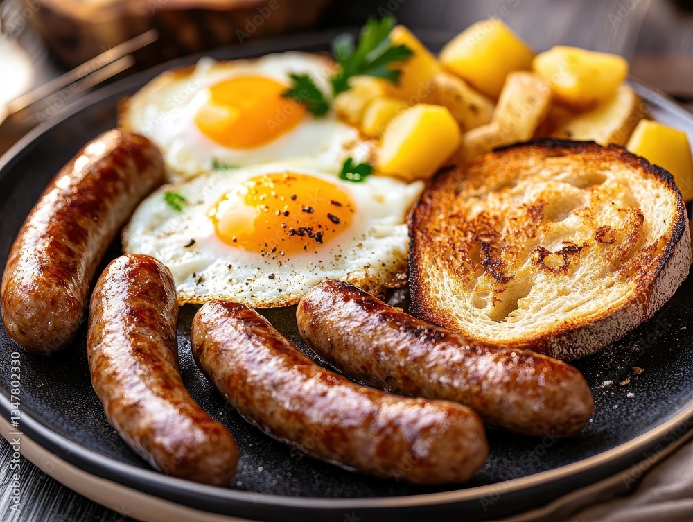 Colorful breakfast plate with sunny-side-up eggs, sausages, toast, potatoes, and garnish ready to brighten your morning meal experience Colorful breakfast plate with sunny-side-up eggs, sausages, toast, potatoes, and garnish ready to brighten your morning meal experience