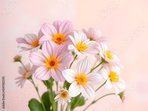 Delicate Pink and White Dahlia Flowers, Bright Yellow Centers, Floral Bouquet, Pastel Background.