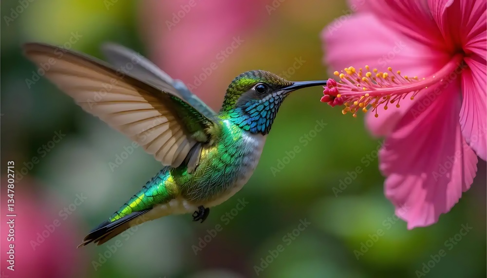 Obraz premium Hummingbird Drinking Nectar From Pink Hibiscus Flower in a Lush Garden